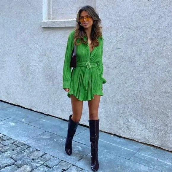 Green Pleated Button Front Dress - Picture 2 of 6